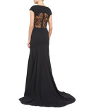 Cap-Sleeve Lace-Back Mermaid Gown, Black