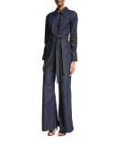 Chambray Zip-Front Jumpsuit, Indigo