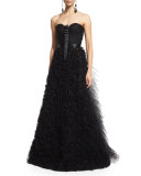Strapless Embellished-Skirt Gown, Black