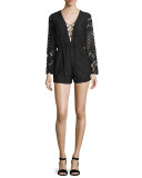 Lace-Up Long-Sleeve Romper, Black