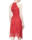 Jade Halter-Neck Blossom-Lace Dress, Crimson