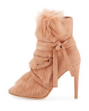 Shearling-Trim Suede 105mm Bootie, Praline