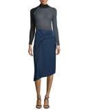 Ribbed Mock-Neck Long-Sleeve Sweater, Gray/Celeste/Black