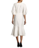 Belted Half-Sleeve Flounce-Hem Dress, Ivory