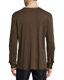 Collarless Long-Sleeve Polo Shirt, Olive