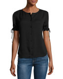 Tie-Cuff Short-Sleeve Crepe Shirt, Black