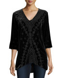 Shobah 3/4-Sleeve Embroidered Velvet Tunic