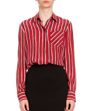 Long-Sleeve Striped Silk Blouse, Black/Red/White