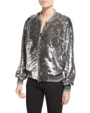 Sequined Bomber Jacket W/Striped Trim, Silver