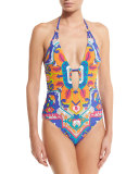 Tapestry Plunge Halter One-Piece Swimsuit