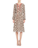 Mora Python-Print Long-Sleeve Dress, Beige