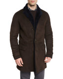 Mid-Length Sartorial Suede Coat w/Shearling Lining, Brown