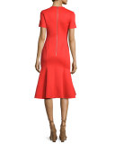 Short-Sleeve Fit-and-Flare Ponte Dress, Flame