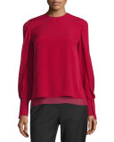 Long-Sleeve Tiered Silk Blouse, Ruby