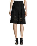Frances Pleated Lace-Paneled A-Line Skirt, Black