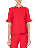 Flounce-Sleeve Contrast-Trim Top, Red