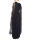 Plisse Cape-Back Column Gown, Navy/Black