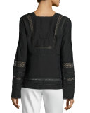 Long-Sleeve Silk Lace-Trim Blouse, Black