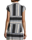 striped cap-sleeve silk blouse, black