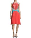 Sleeveless Pleated-Skirt Colorblock Dress, Red