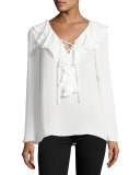 Kenza Ruffled Lace-Up Blouse, Soft White