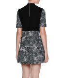 Short-Sleeve Intarsia Mini Dress, Quartz Black/Sun Orange