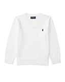 Cotton V-Neck Pullover Sweater, White, Size 5-7
