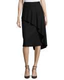 Inessa Faux-Wrap Pencil Skirt with Ruffled Overlay, Black