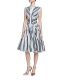 Sleeveless Striped Flounce Shirtdress, Black/White
