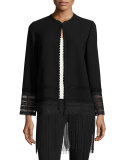 Pearl Crochet-Trim Fringe-Hem Topper Coat, Black