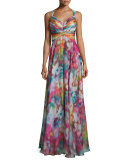 Sleeveless Swirl-Print Strappy Gown, Multi