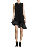 Stone Asymmetric Ruffle-Trim Shift Dress, Black