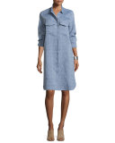 Long-Sleeve Linen Shirtdress, Petite