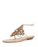 Crystal & Pearly Ankle-Wrap Thong Sandal, Cream/Red/Aquamarine