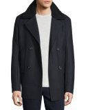 Melton Wool-Blend Pea Coat w/Shearling Collar, Navy