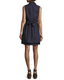 Sleeveless Tied Poplin Shirtdress, Navy