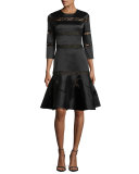 3/4-Sleeve Tiered Lace Fit-and-Flare Dress, Onyx