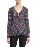 Multipattern Silk Tie-Front Blouse, Blue/Multicolor