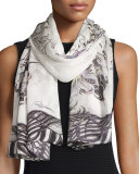 Floral & Snake Silk Stole, Ivory