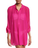 Sheer Mandarin-Collar Tunic Coverup, Razzberry