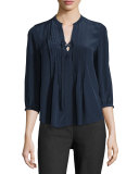 Lace-Up Pintuck Silk Blouse, Navy
