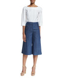 Button-Tab Denim Culotte Pants, Light Indigo