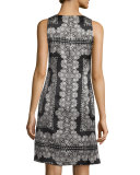 Sleeveless Silk Lace-Print Mini Dress, Black/White