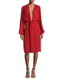 Long-Sleeve Plunging-V-Neck Dress, Crimson