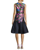 Sleeveless Floral-Print Sateen Dress, Navy/Multi