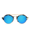 Milan II Round Iridescent Sunglasses, Horn/Blue