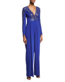Flare-Leg Cady Jumpsuit with Embellished Lace Trim, Blue