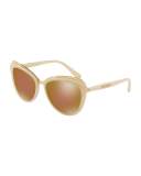 Metal-Trim Mirrored Iridescent Cat-Eye Sunglasses, Beige
