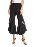 Crepe Ruffle Kick-Flare Cropped Pants, Black/Ivory