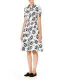 Umbrella-Print Short-Sleeve Shirtdress, Black/White
